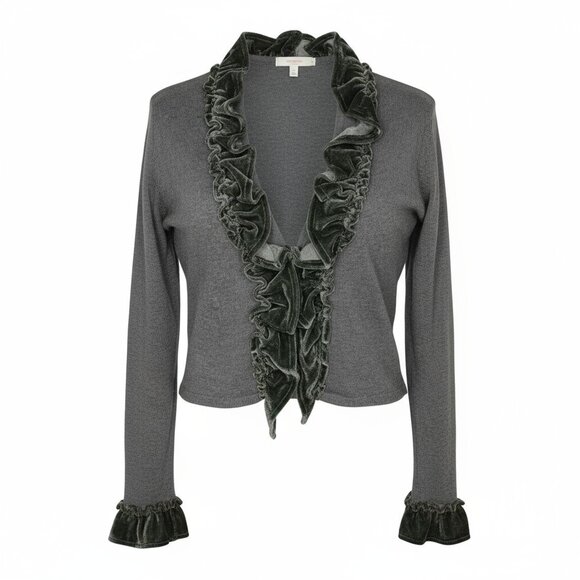 Dressbarn Collection Sweaters - Dressbarn Collection Size L Gray Velvet Ruffle Trim Cropped Cardigan